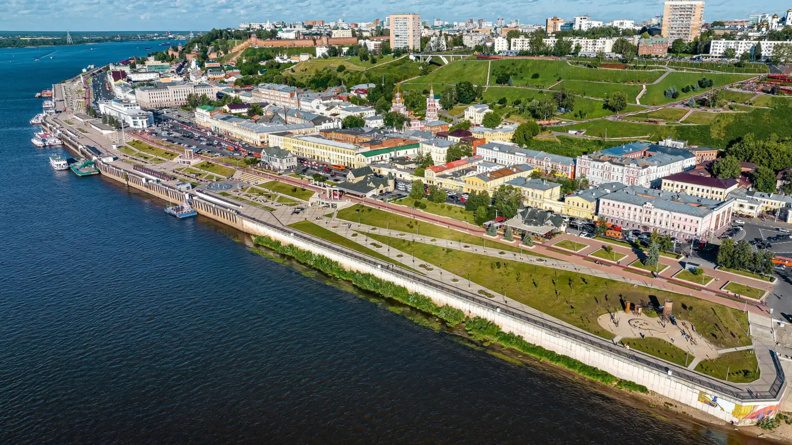 Нижне-Волжская набережная Нижнего Новгорода и Волга, вид с высоты